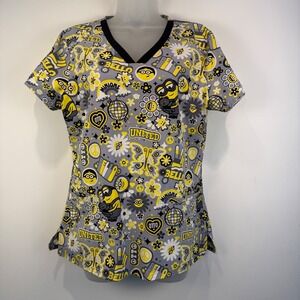 Minions The Rise of Gru Scrub Top Womens Nurse Size M Grey‎ Yellow Pattern